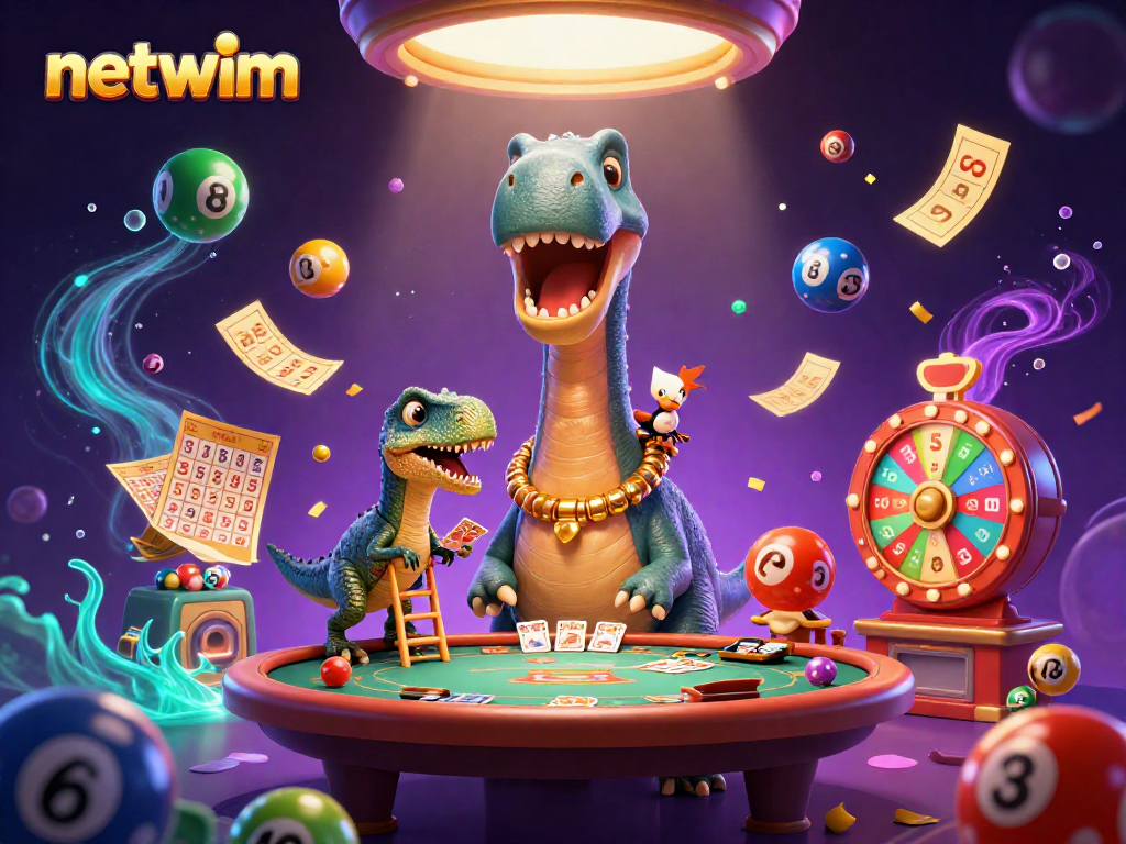 Engage with netwim as a brontosaurus towers over a lively casino scene with vibrant lottery elements.