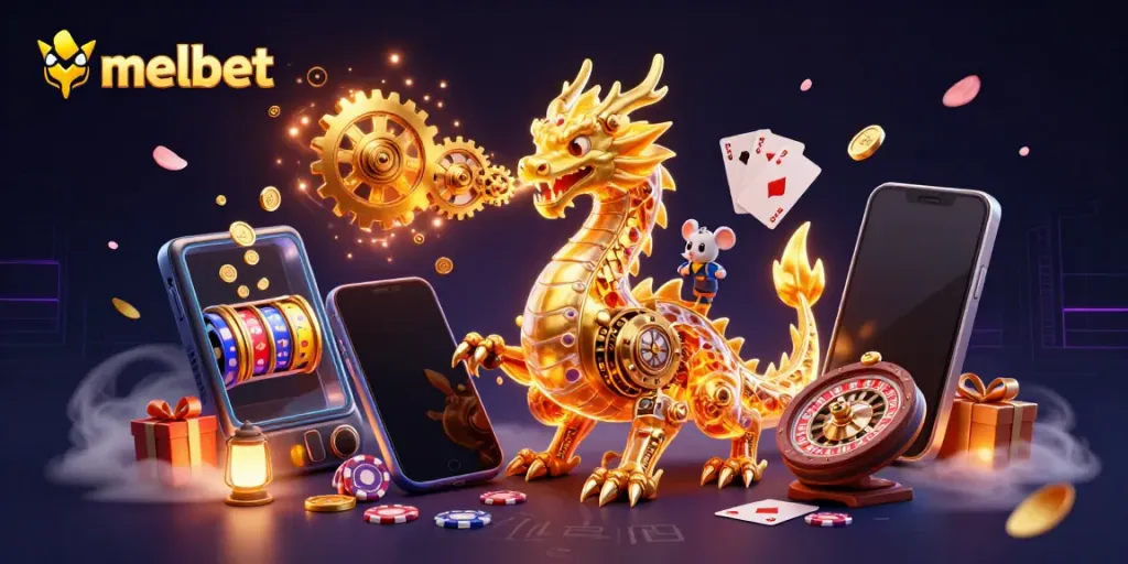 Experience vibrant melbet betting action with a 3D dragon, colorful slots, and dynamic game elements.