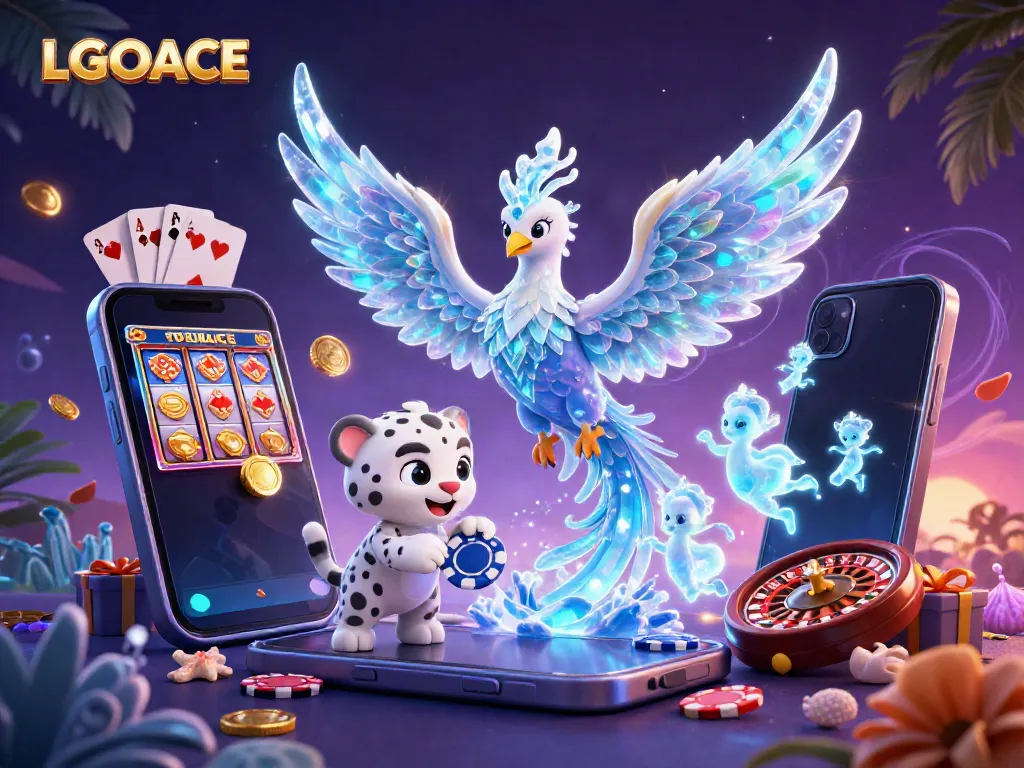 LGOACE showcases an ice phoenix, snow leopard cub, and dancing ice sprites amidst colorful slot games and casino elements.