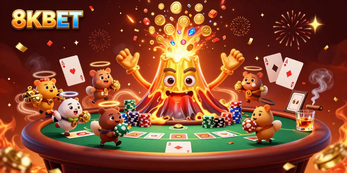 An exhilarating scene of 8KBET's triumphant golden volcano erupting treasure amidst poker elements and festive fireworks.