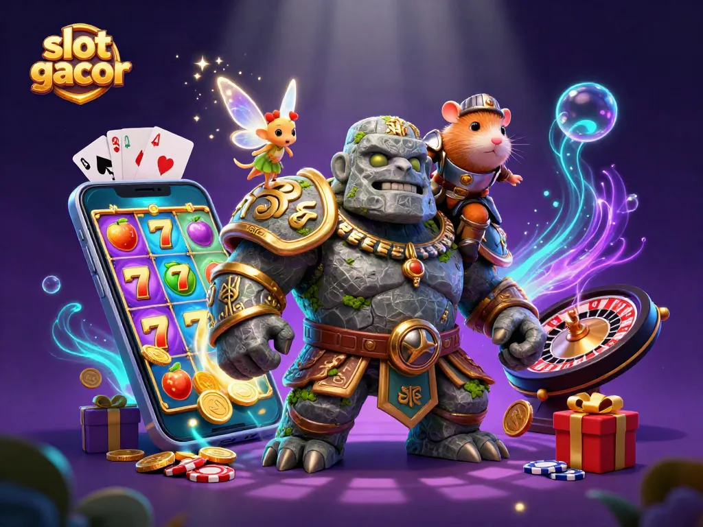 Menangkan slot gacor hari ini dengan karakter golem raksasa dan hamster ksatria dalam permainan slot yang penuh warna.