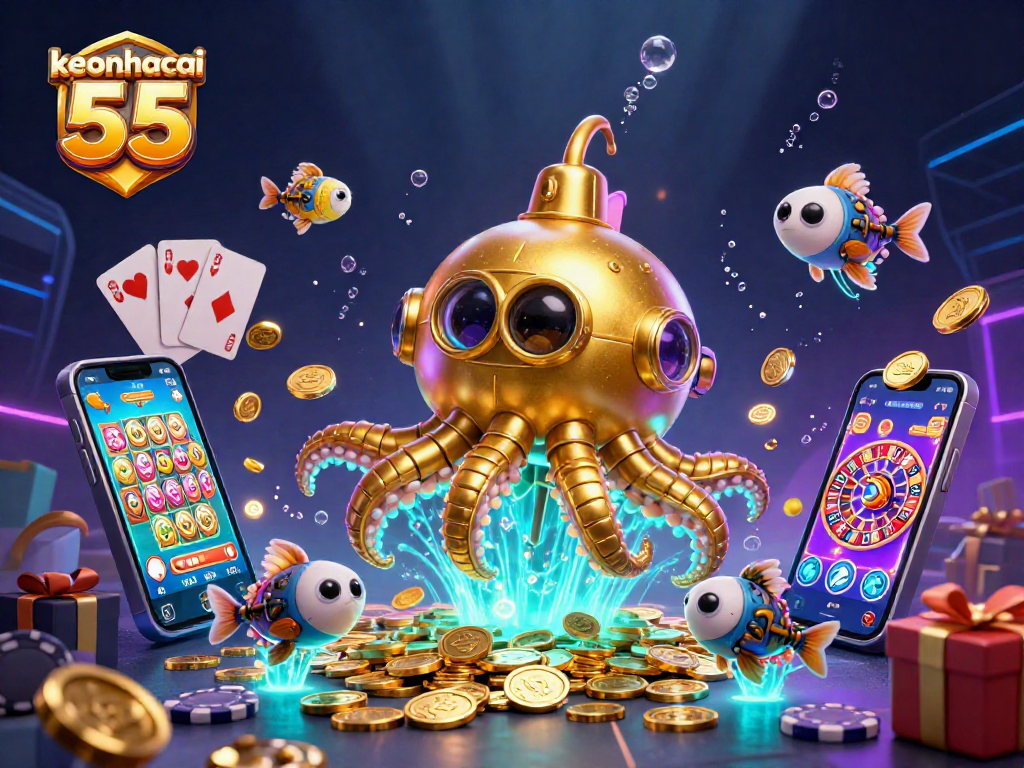 Experience vibrant slot action with keonhacai 55, showcasing a golden kraken and dynamic casino elements.