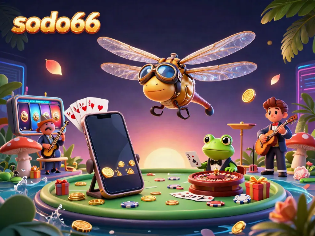 Sodo66 showcases a vibrant casino scene with a dragonfly pilot, frog dealer, and lively cricket musicians.
