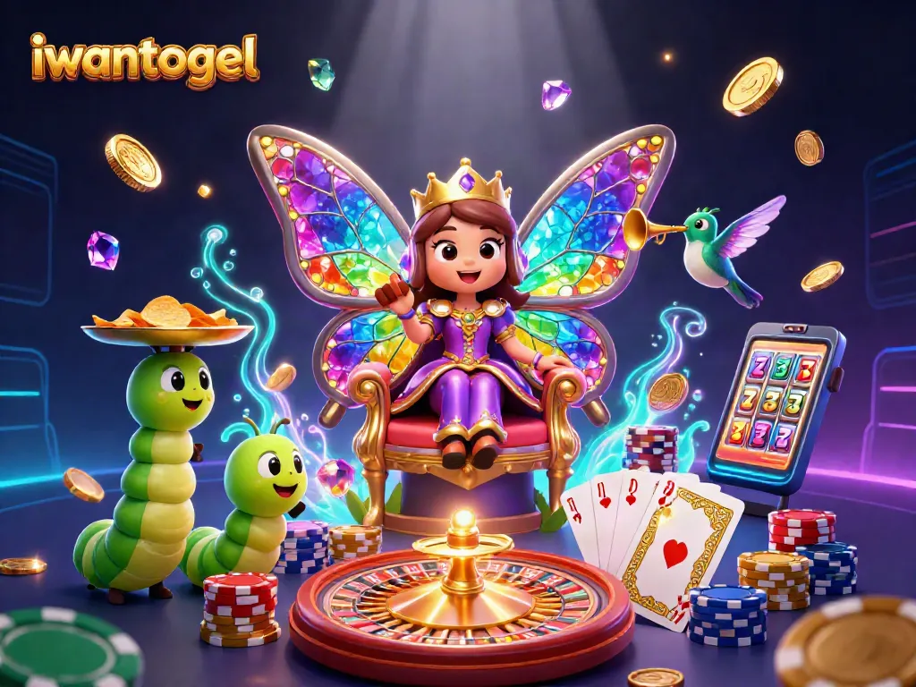 Play exciting games at iwantogel with a vibrant 3D illustration showcasing a magical casino world.