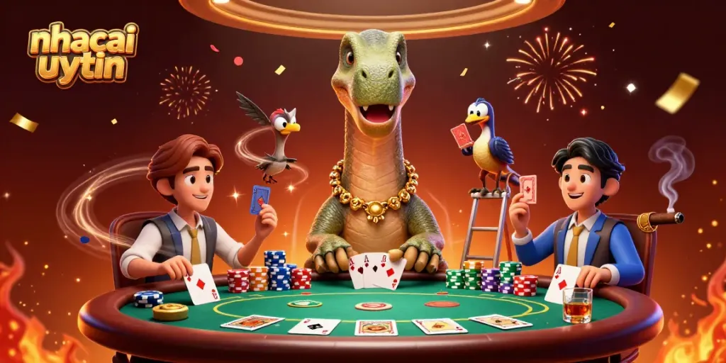 Experience thrilling gameplay with nhacaiuytin at a vibrant casino scene featuring a cartoon brontosaurus.