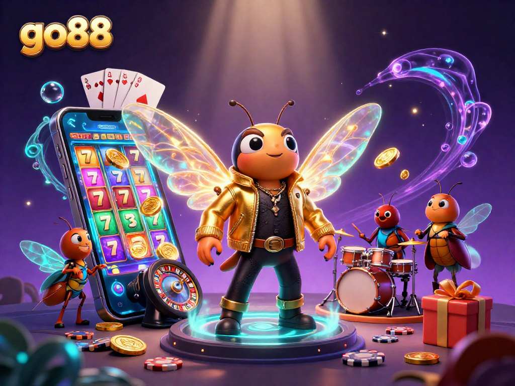 Experience go88's thrilling gameplay with a vibrant 3D illustration of a rock star and vibrant slot games.