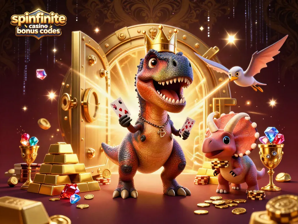 Play cards with 3D characters celebrating spinfinite casino bonus codes amidst treasures and riches.