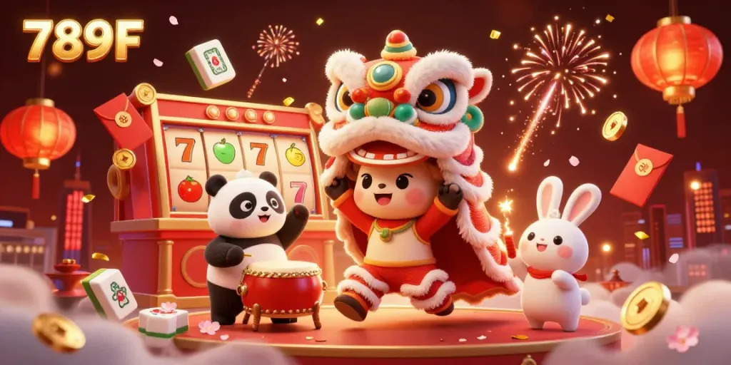 Experience the excitement of 789F with a vibrant casino scene featuring lucky symbols and energetic characters.