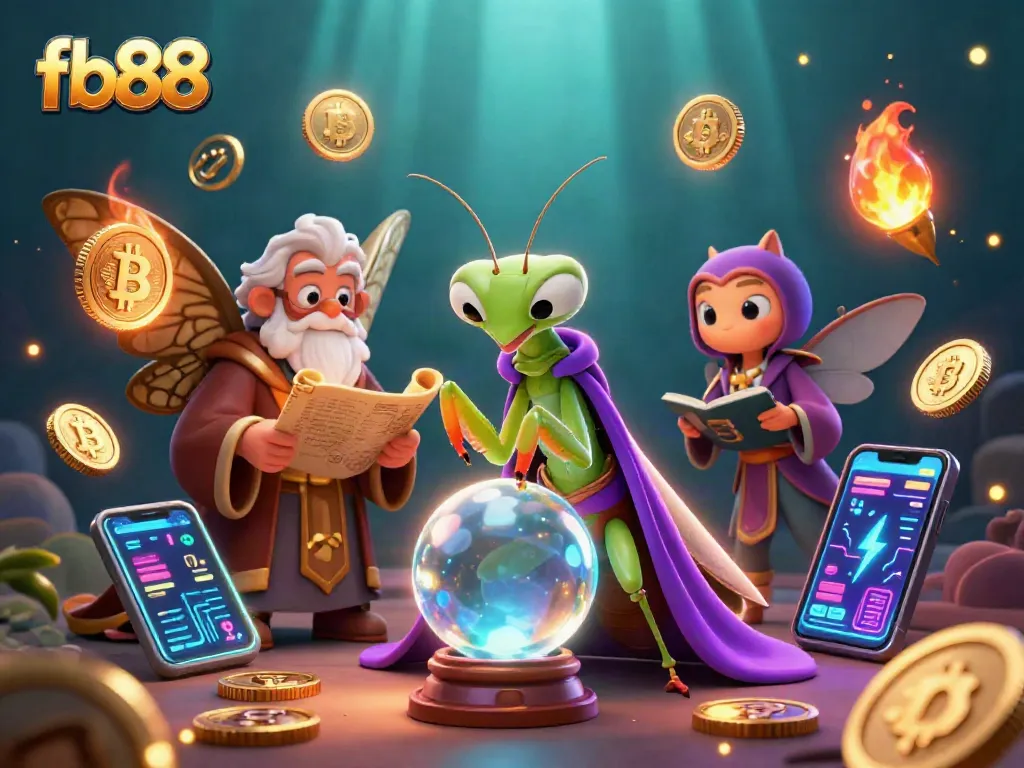 Bet big at fb88 with immersive gaming experiences featuring a whimsical fortune teller and glowing crypto elements.