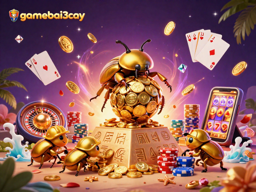 Play casino games at gamebai3cay, featuring rich visuals of beetles and golden coins.