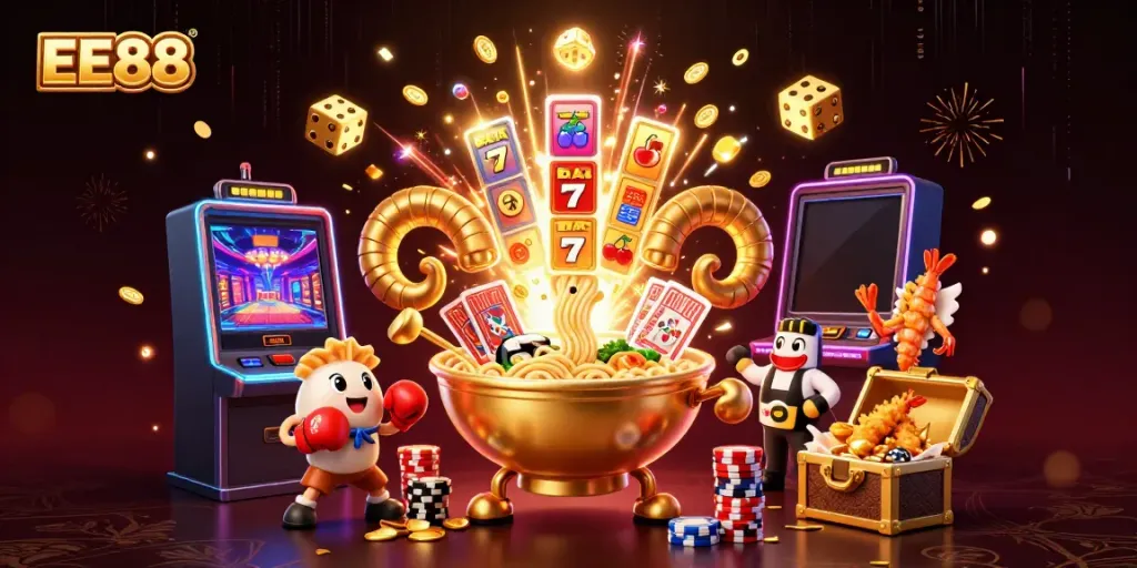 Experience EE88 with a lively 3D scene of a golden ramen bowl dealer and vibrant gaming symbols.