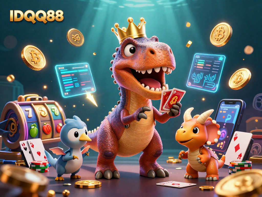 Engage with IDQQ88's vibrant casino scene featuring a T-Rex shuffling cards surrounded by crypto coins.