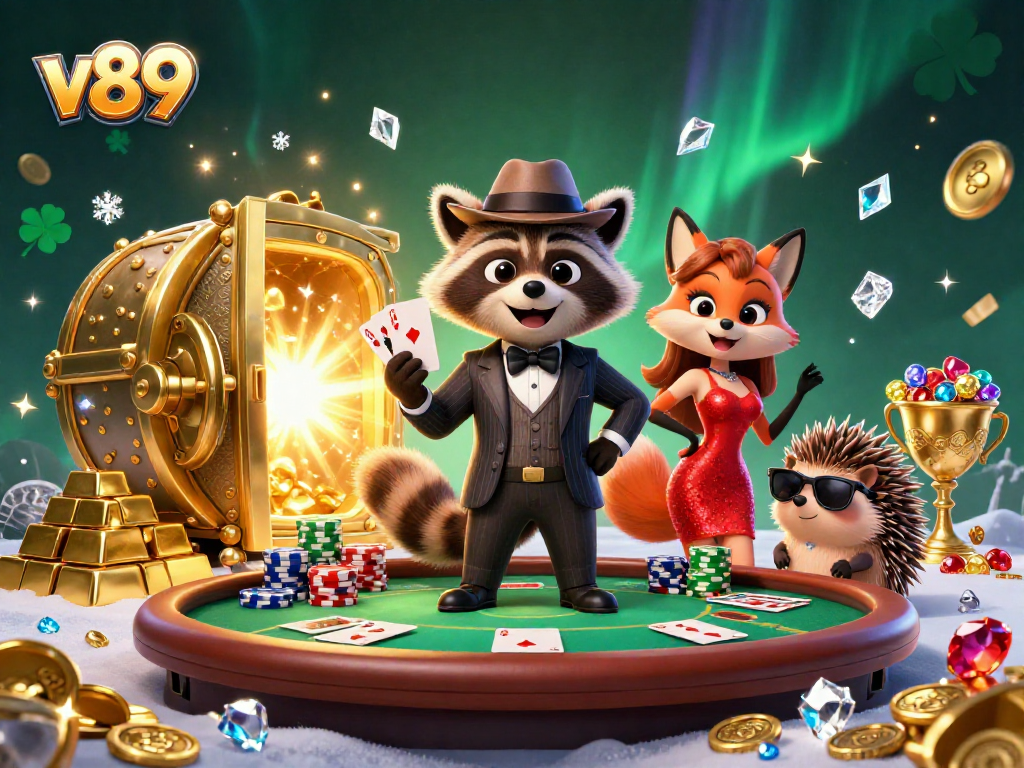 Ilustrasi 3D v89 menampilkan raccoon dan fox di meja poker dengan suasana mewah.