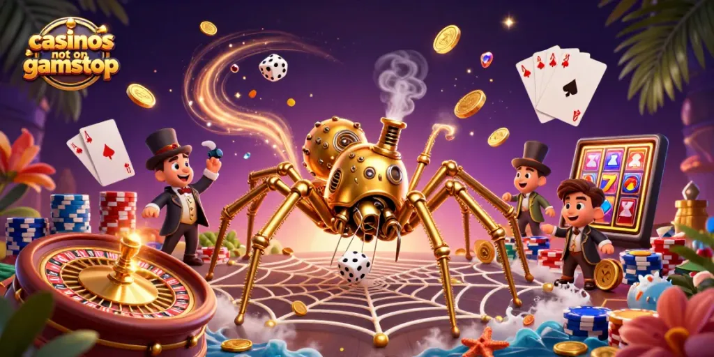 Catch thrilling action at casinos not on gamstop with a steampunk spider and golden web of luck.