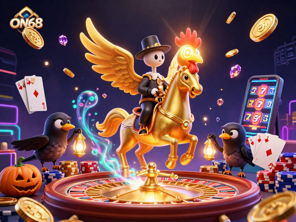 Experience thrilling gaming at ON68 with a golden rooster and dynamic casino elements.