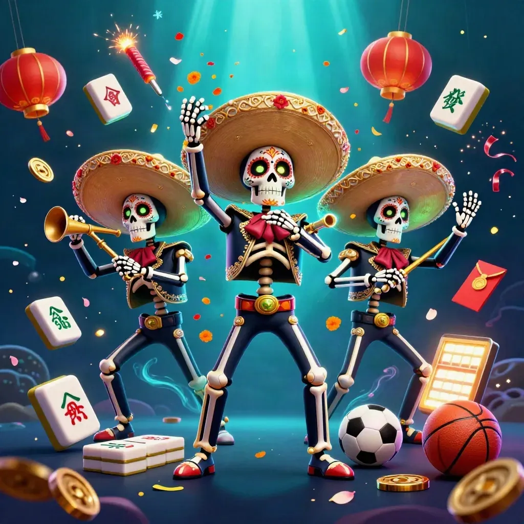 Day-of-the-Dead mariachi skeleton trio amid casino neon, lanterns, coins, fireworks, and teal light.