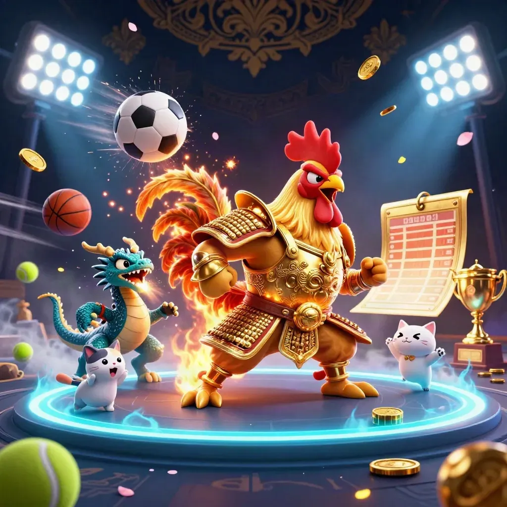 Rooster warrior, dragon hatchling and fortune-cat amid flying sports balls, coins and a glowing arena