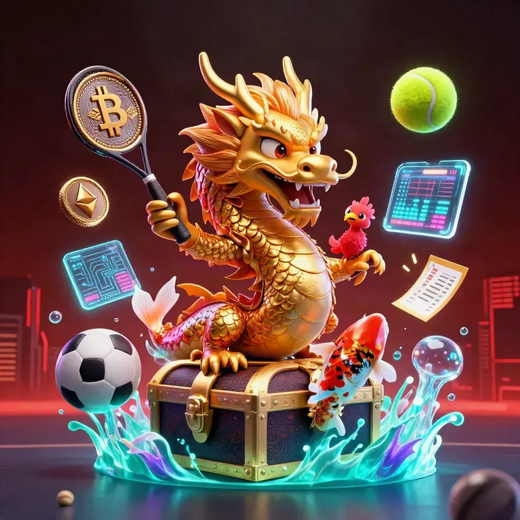 Golden dragon, phoenix and koi amid crypto coins, lightning and neon casino effects