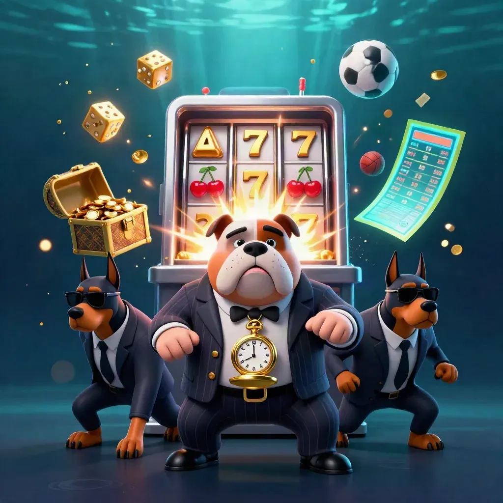 Bulldog boss and bodyguards amid exploding slot machine, gold, and sports balls in neon casino light