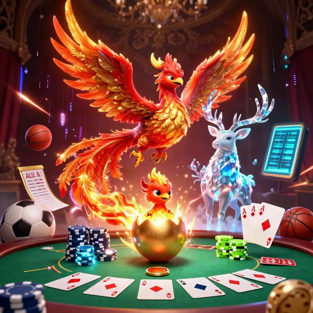 Phoenix, stag, and casino props burst through neon light in a dark luxe cyber-arena.