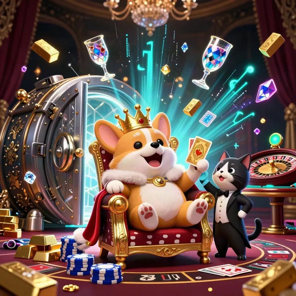 Royal corgi and cat butler in a luxe vault room with gold, gems, cyan neon, and chandelier glow.