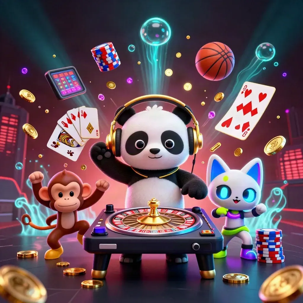DJ panda, breakdancing monkey, and glow-stick kitten amid casino game elements and neon light.