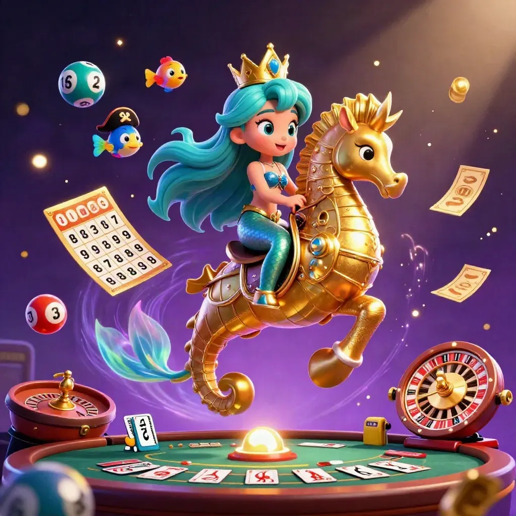 Mermaid princess on armored seahorse amid casino props, glowing balls, wheels, and purple starfield.