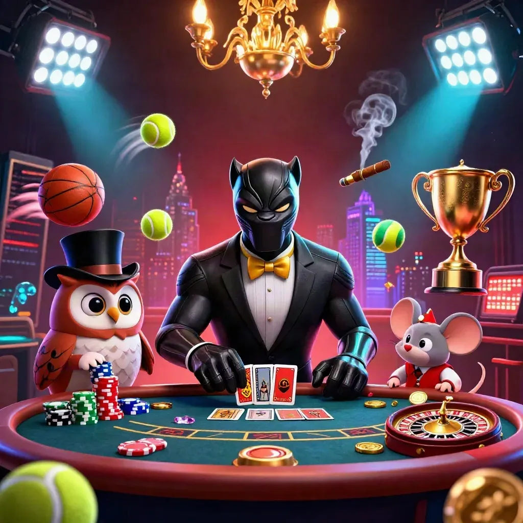 Panther, owl, and mouse at a neon casino table amid sports balls, trophy, coins, and bioluminescent glow.