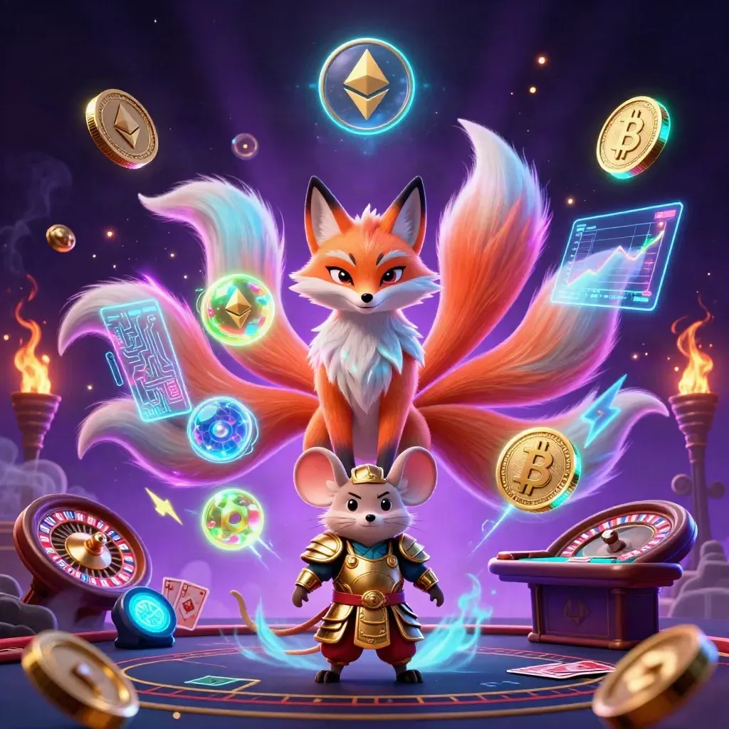 Nine-tailed fox spirit and armored mouse amid neon casino magic, coins, smoke, and a spinning roulette wheel