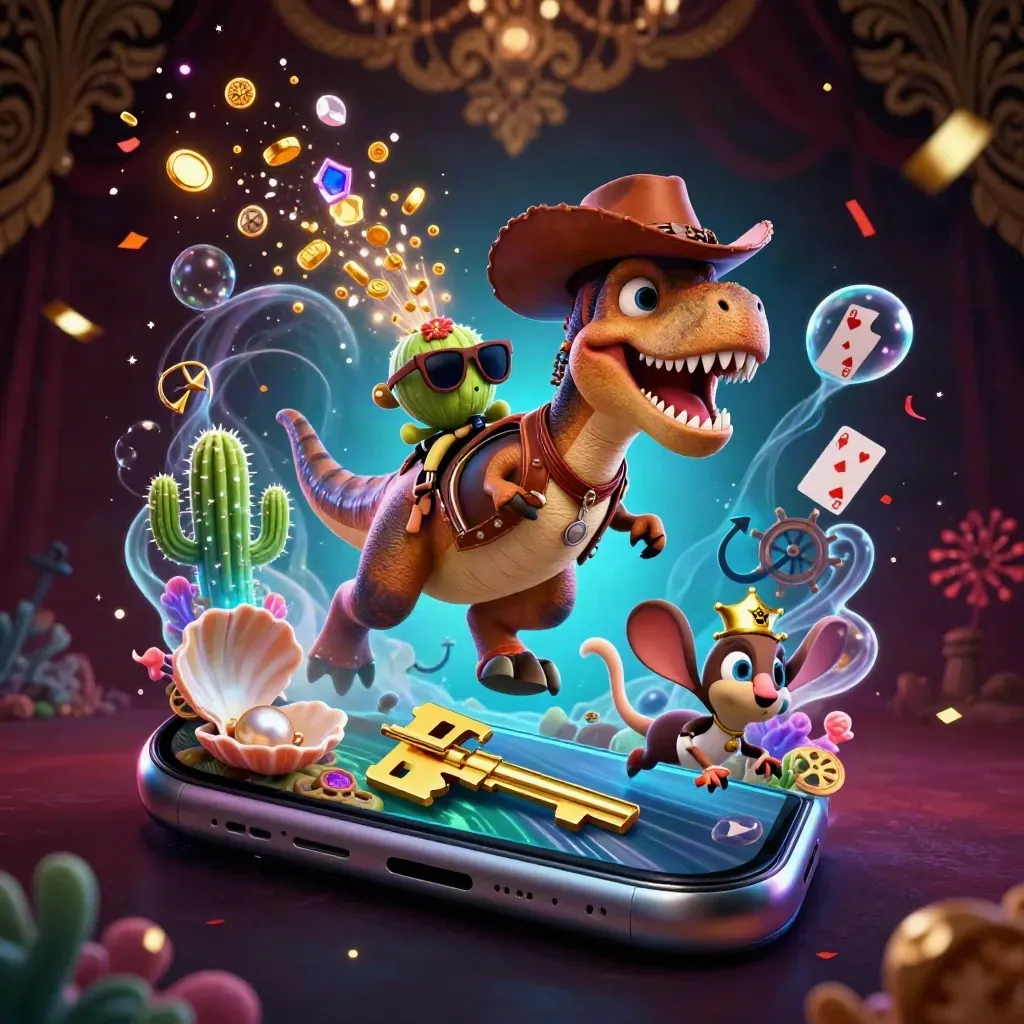 Cowboy T-Rex, cactus sidekick, and sheriff roadrunner amid treasure, coral, and cyan magic.