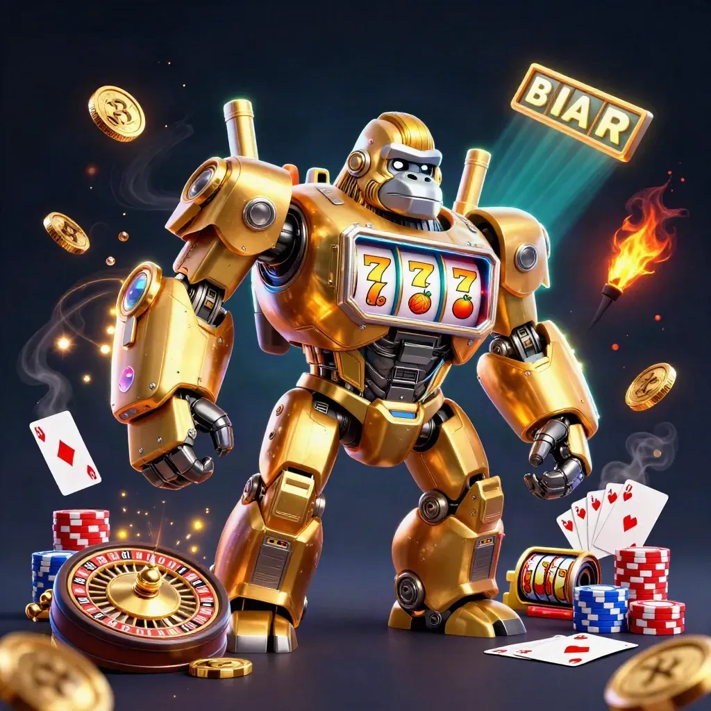 Golden gorilla mech with tiny monkey pilot amid coins, gems, roulette wheel and cards.