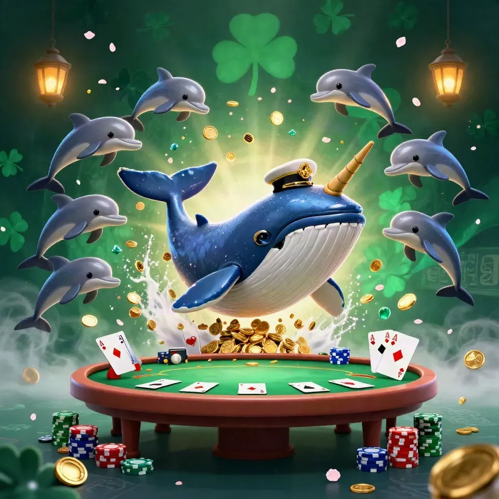 Whale captain, narwhal, and dolphins burst through coins with chips, cards, and glowing casino effects.