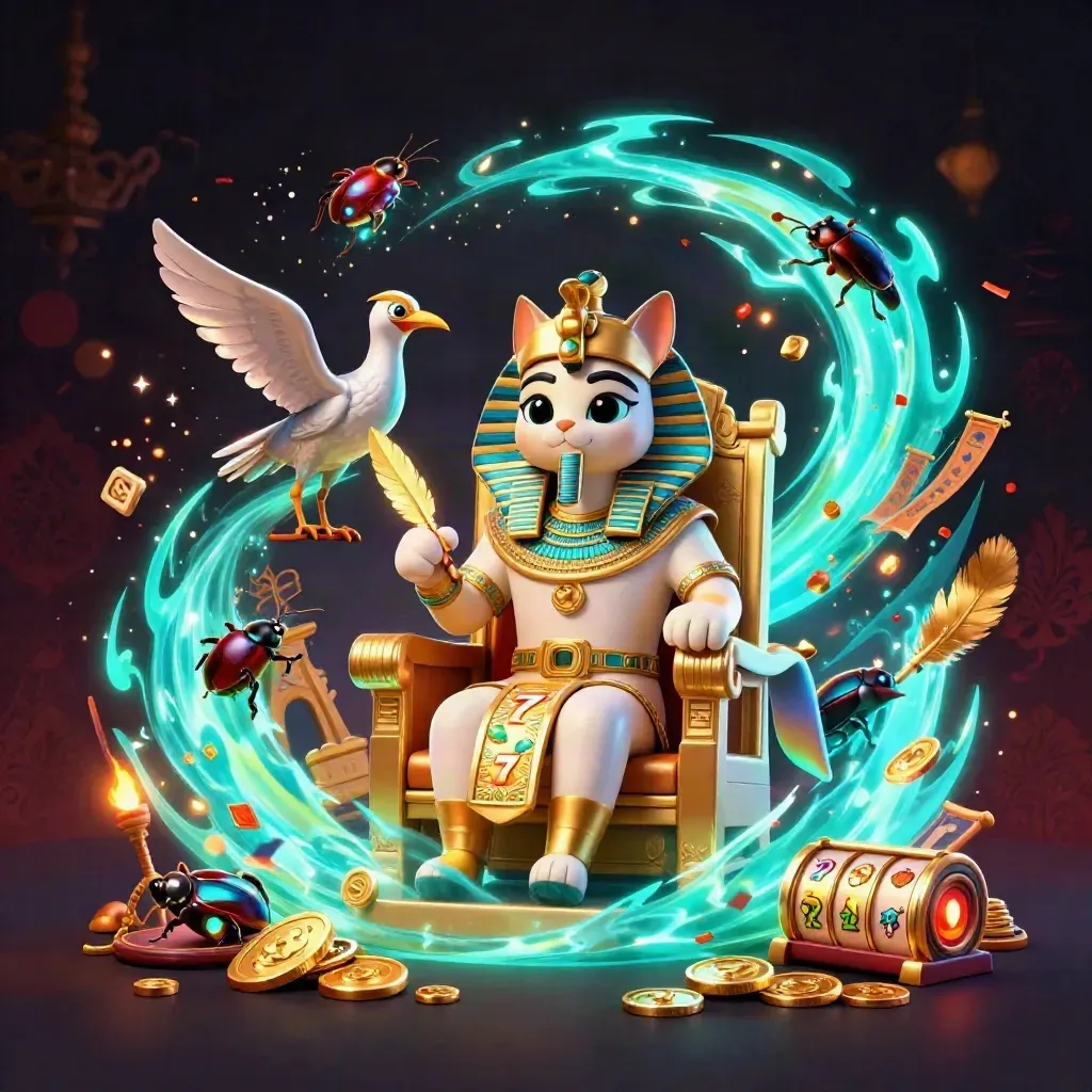 Pharaoh cat king on a throne with ibis scribe, scarab wings, relics, and cyan energy.