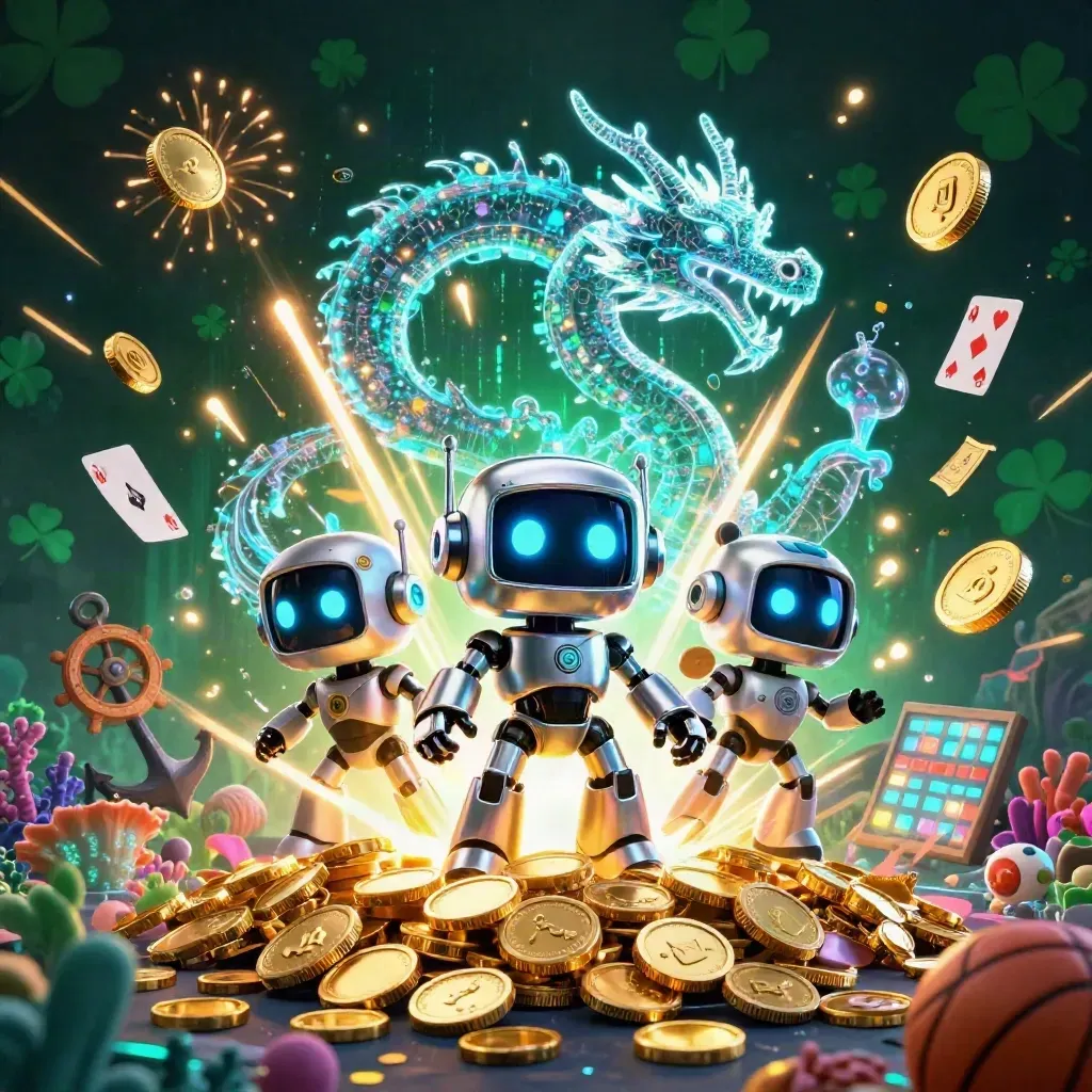 Cyberpunk robot mascot, holographic dragon, and coin drone amid an underwater treasure burst.