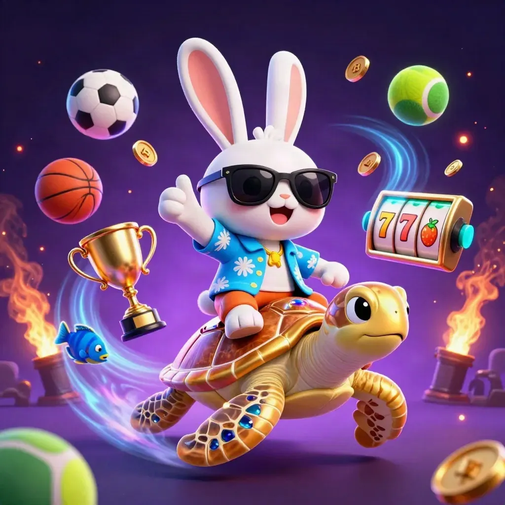 Lucky rabbit rides a gem-shell turtle amid sports balls, coins and cyan cyber-casino energy.