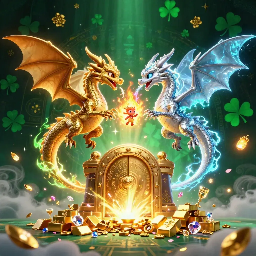 Twin gold and silver dragons spiral through a vault of treasure, glowing cyan runes, and drifting petals.