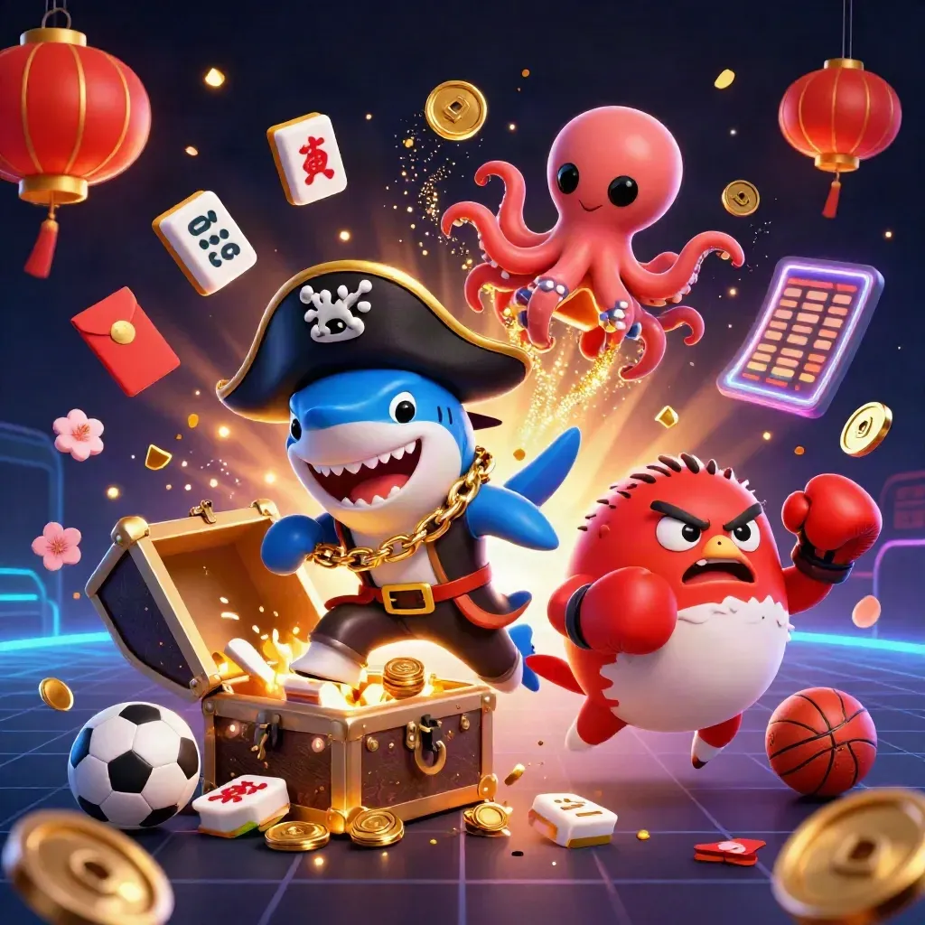 Pirate shark, boxing pufferfish, and coin-juggling octopus amid treasure, fireworks, and neon casino effects.