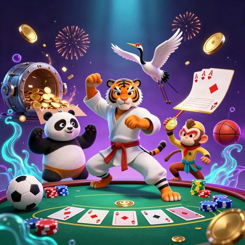 Tiger, panda, and monkey celebrate amid poker chips, coins, fireworks, and neon casino energy.