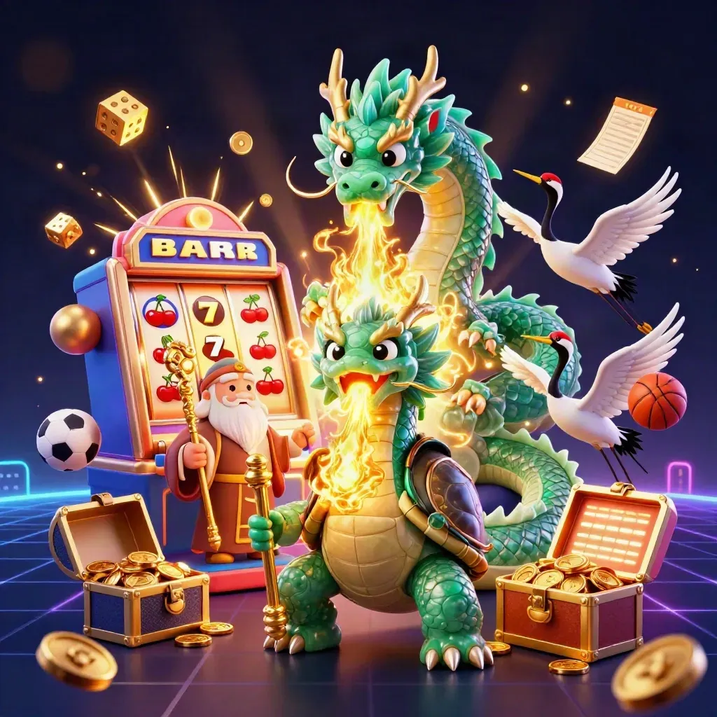 Jade dragon, turtle sage, and cranes amid jackpot slot bursts, gold coins, and neon casino glow.
