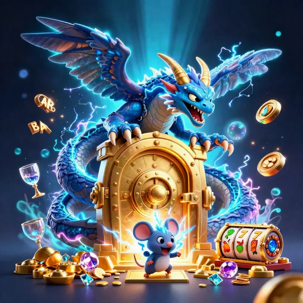 Thunder dragon, hawk, and static mouse amid gold vault, reels, and cyan lightning.