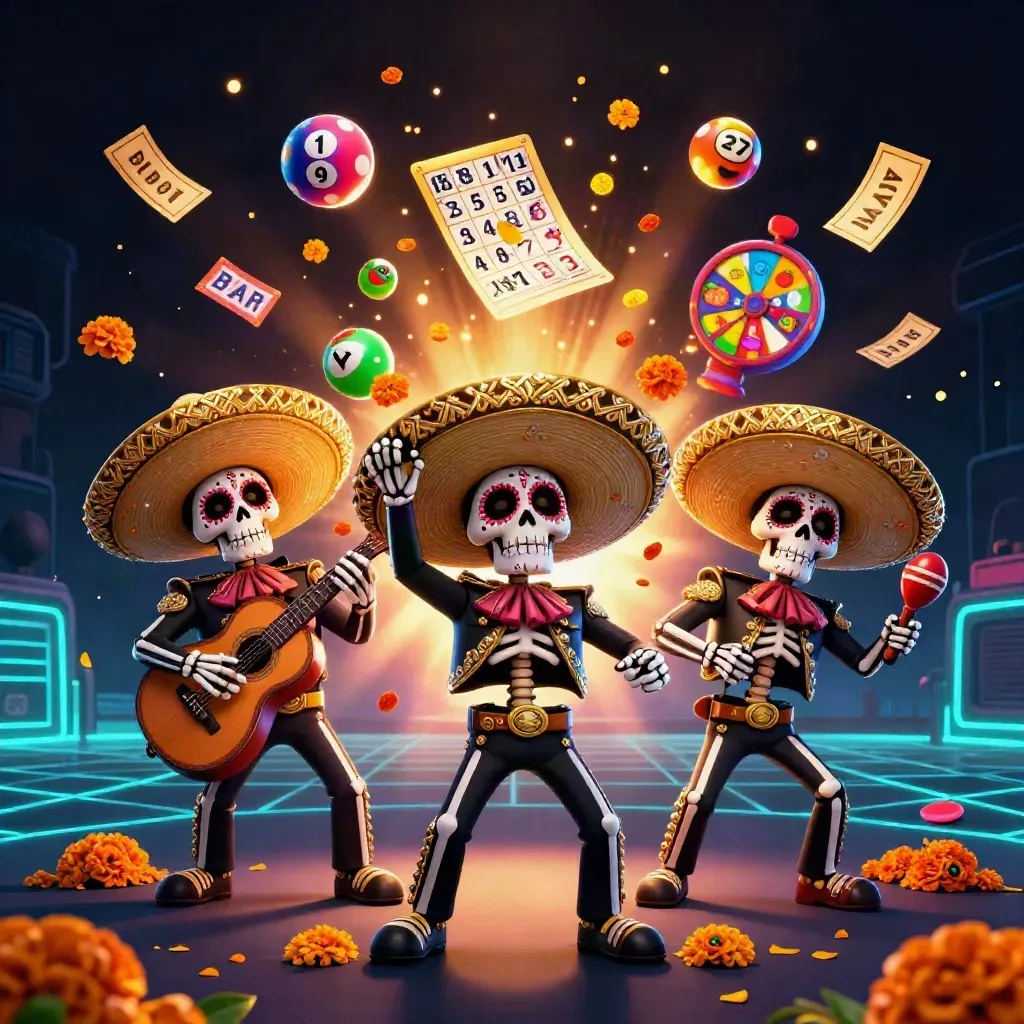 Skeleton mariachi trio with casino icons in a neon cyber-arena