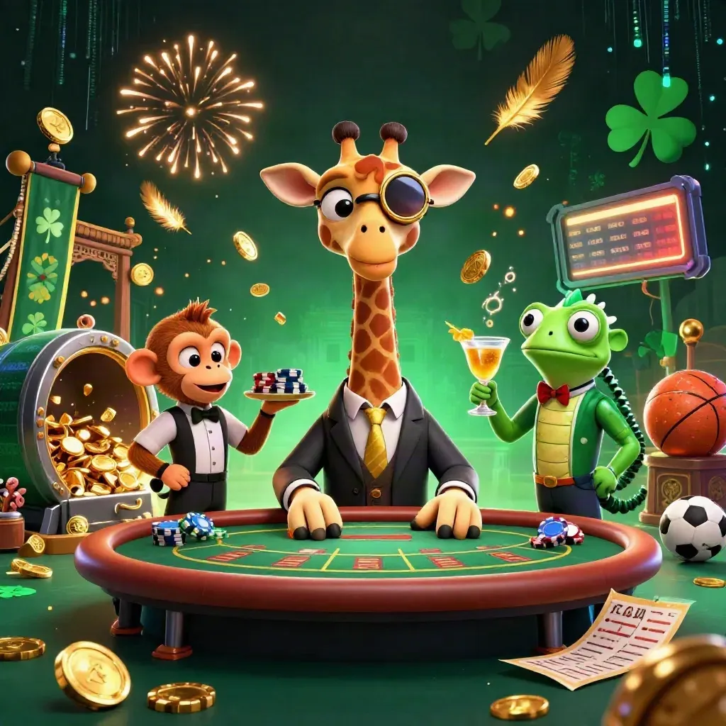 Giraffe, monkey, and chameleon celebrate amid coins, fireworks, and casino treasure.