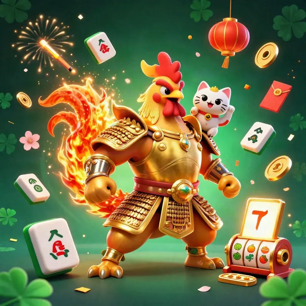 Rooster warrior, dragon hatchling, and lucky cat amid casino effects and glowing reels