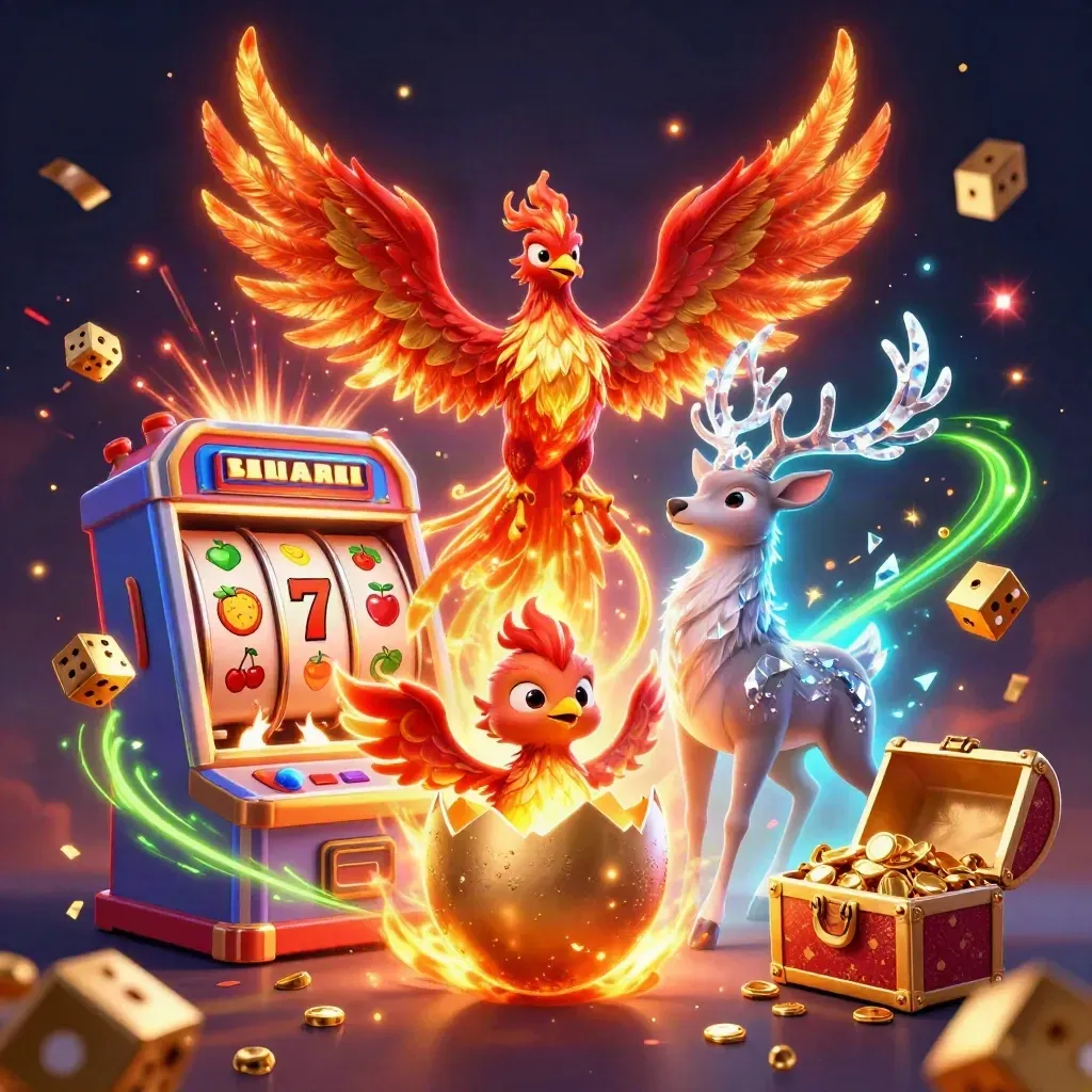Fire phoenix, baby phoenix, and crystal-antlered stag amid slot machine bursts and gold loot