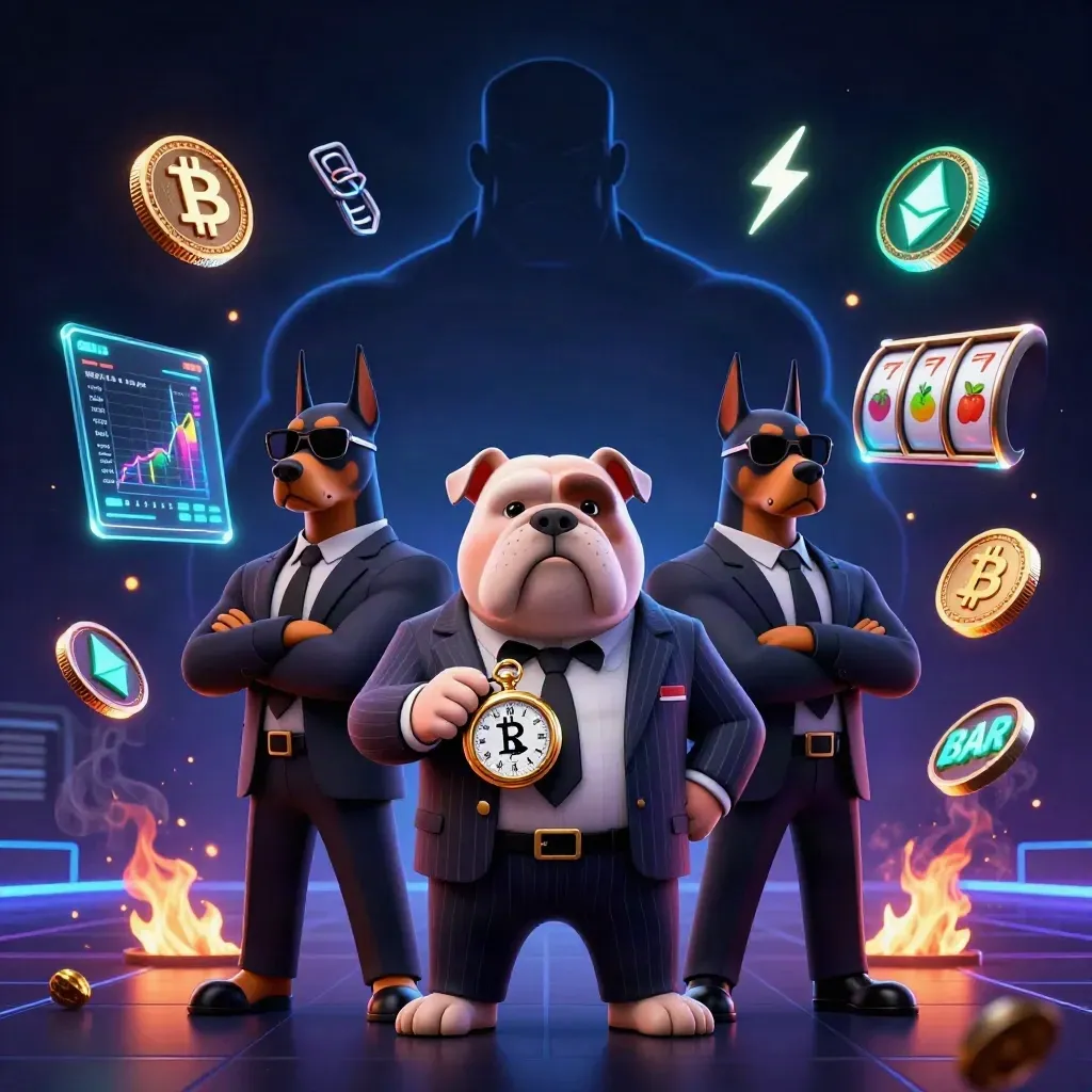 Bulldog boss and two Doberman bodyguards amid casino coins, charts, lightning, and neon fire.