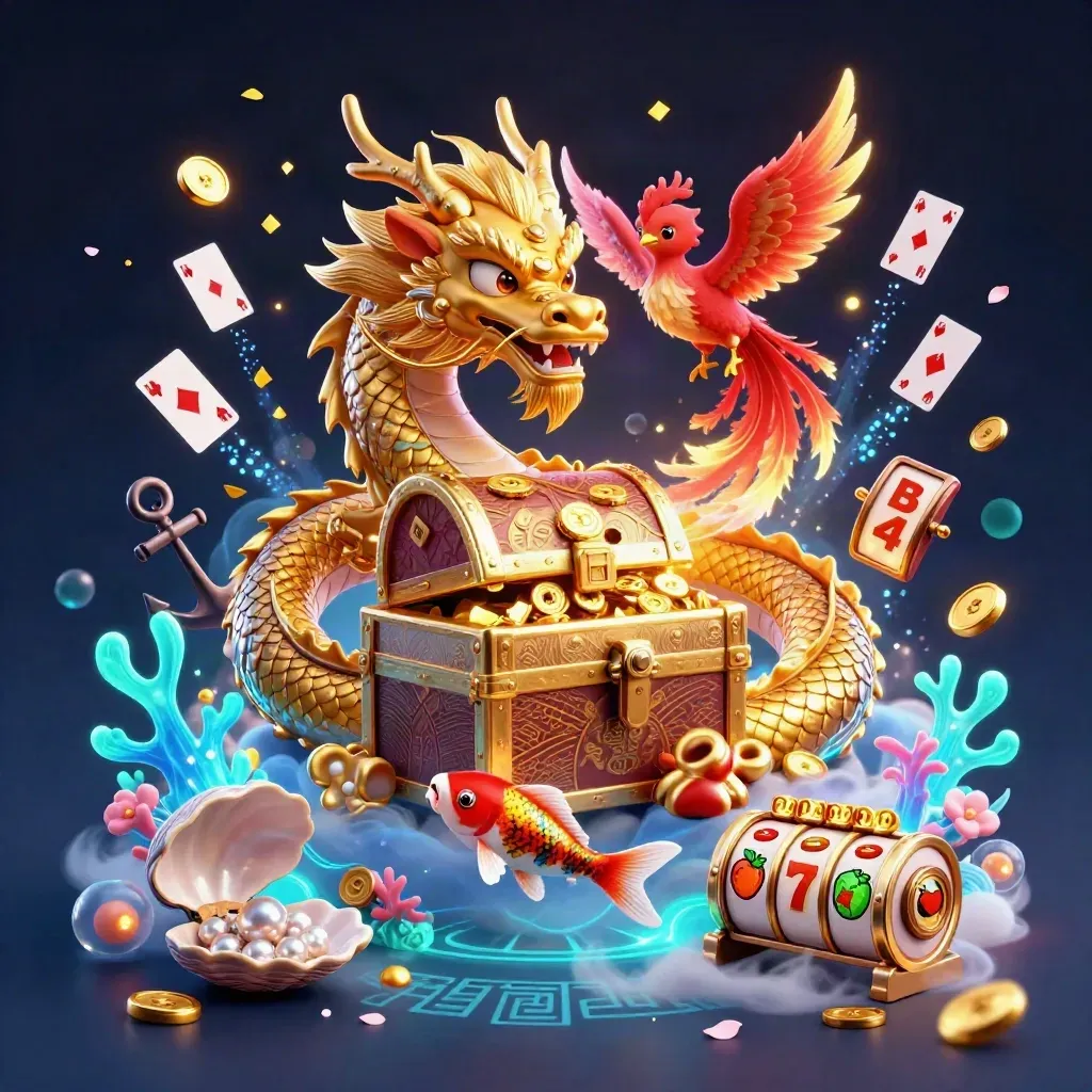 Golden dragon with phoenix, koi, treasure, reels, coins, and glowing underwater effects.
