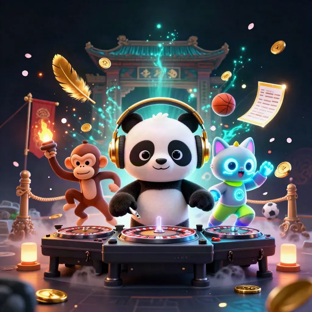Panda DJ, dancing monkey, and glow-stick kitten amid casino relics and neon arena effects.