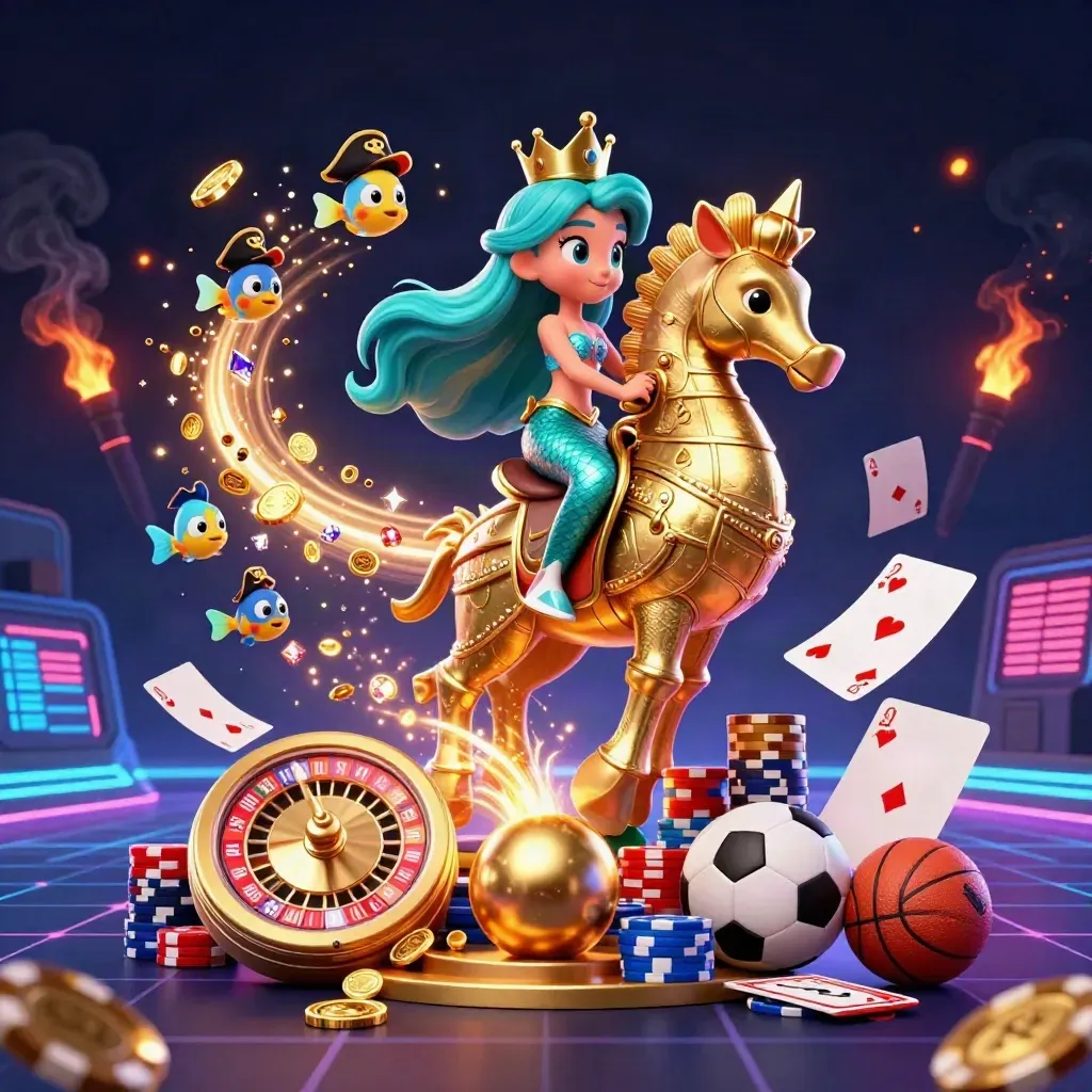 Mermaid princess rides armored seahorse with pirate fish, casino rewards and sports icons