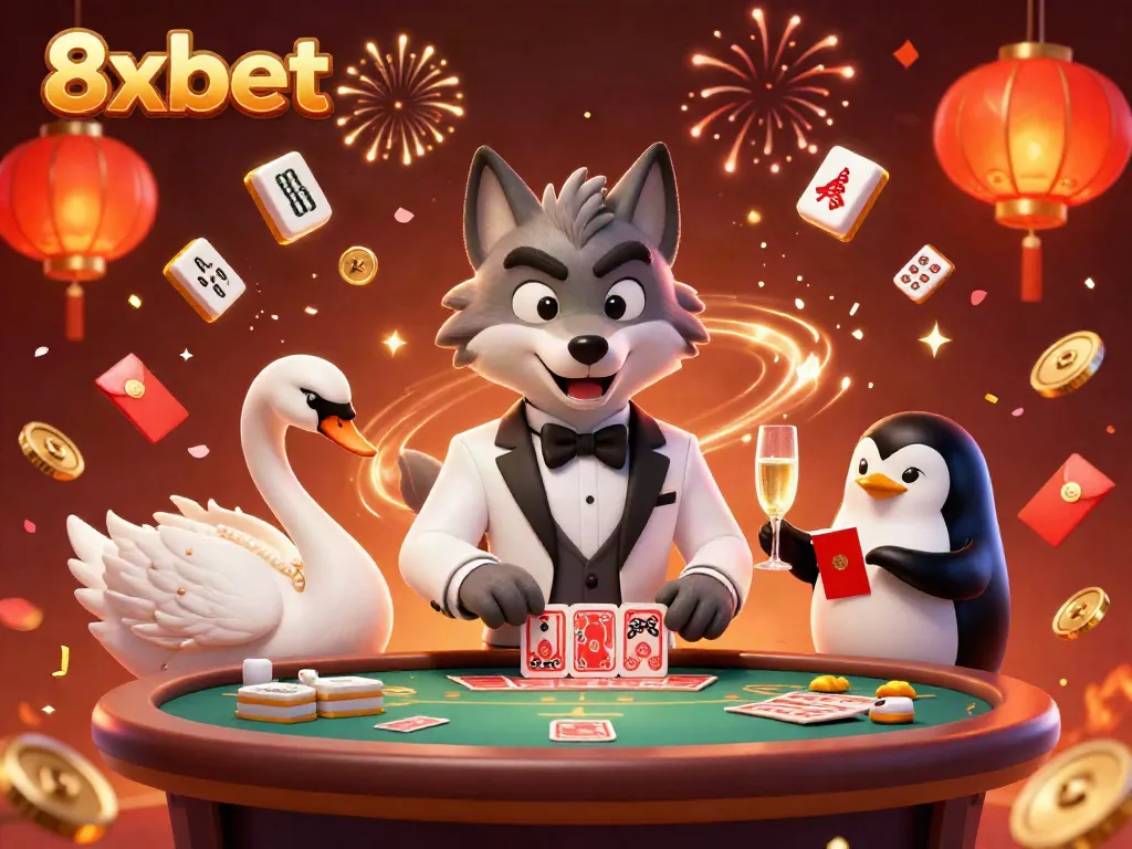 Experience the excitement of 8xbet with a character-filled baccarat scene showcasing elegance and celebration.