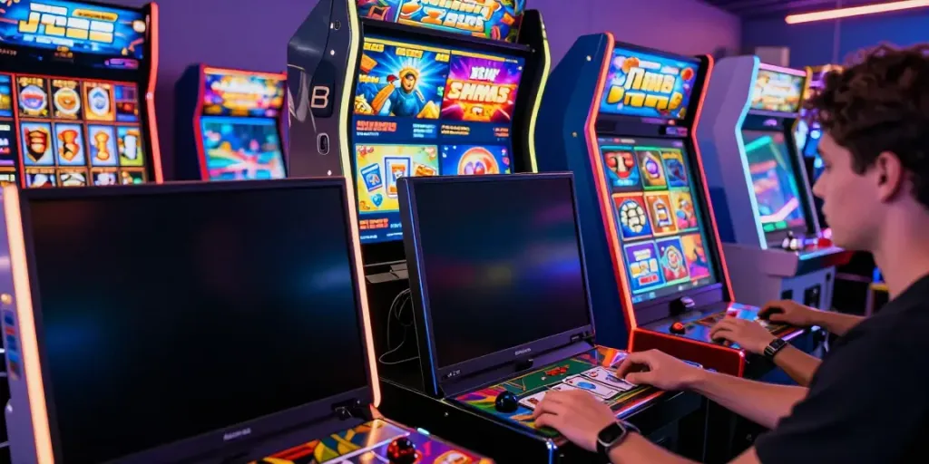 Engaged user exploring the Yono Arcade gaming app on smartphone, showcasing vibrant game titles and dynamic visuals.